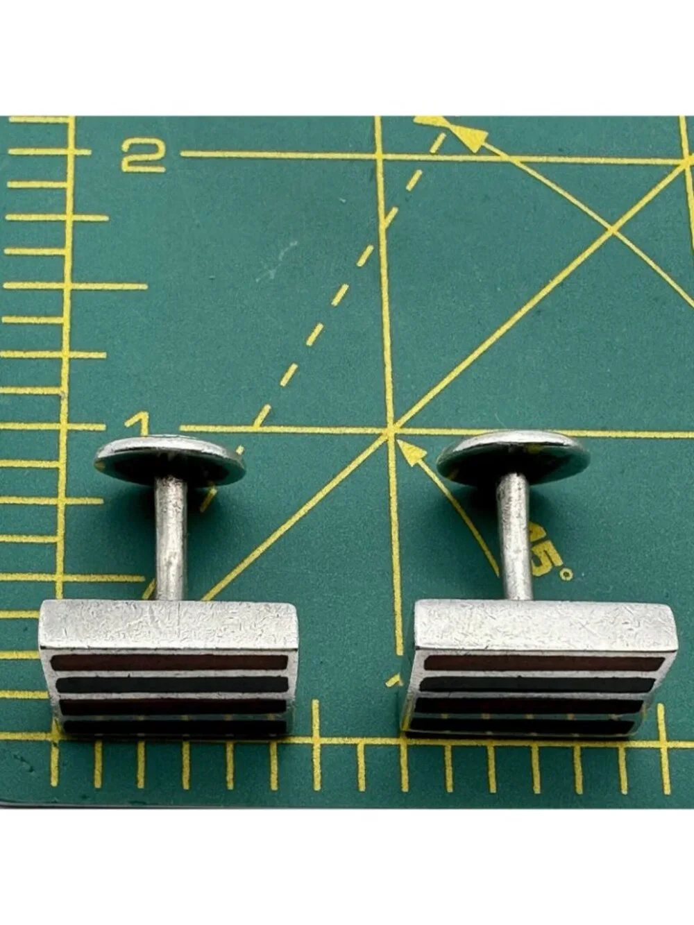 Blue Red Enamel Stripe Cufflinks Designed Signed Sterling Silver Unique Fix Back